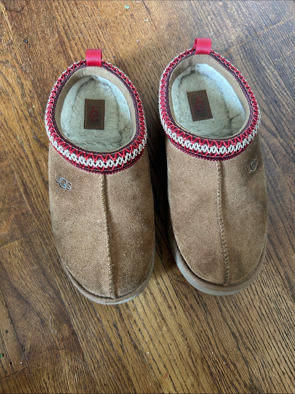 UGG Kids Chestnut Suede Slip-On Mule Slippers with Red Trim